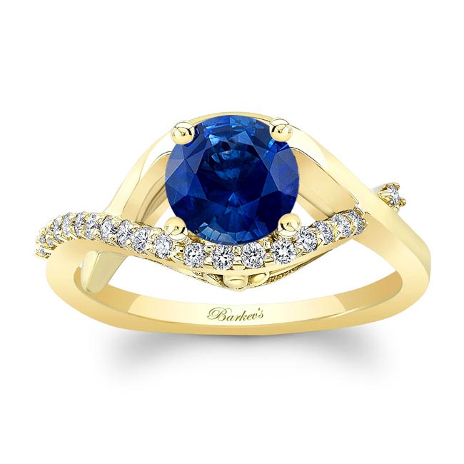 Yellow Gold Criss Cross Lab Grown Blue Sapphire And Diamond Engagement Ring