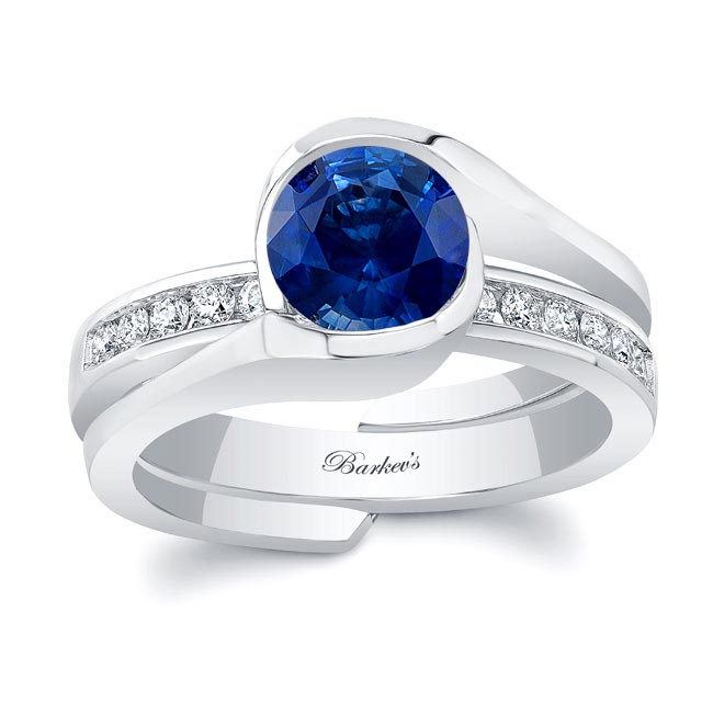 White Gold Half Bezel Blue Sapphire And Diamond Interlocking Bridal Set