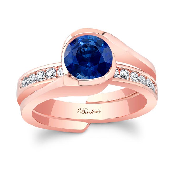 Rose Gold Half Bezel Lab Grown Blue Sapphire And Diamond Interlocking Bridal Set