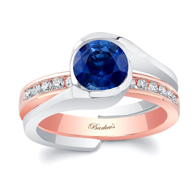 White Rose Gold Half Bezel Blue Sapphire And Diamond Interlocking Bridal Set
