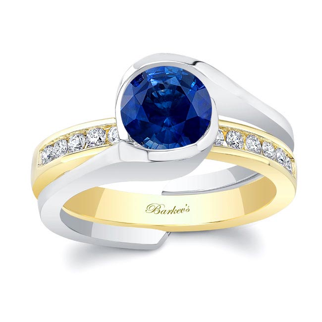 White Yellow Gold Half Bezel Lab Grown Blue Sapphire And Diamond Interlocking Bridal Set