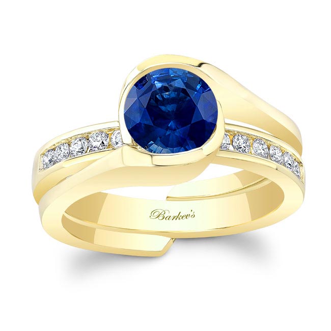 Yellow Gold Half Bezel Blue Sapphire And Diamond Interlocking Bridal Set