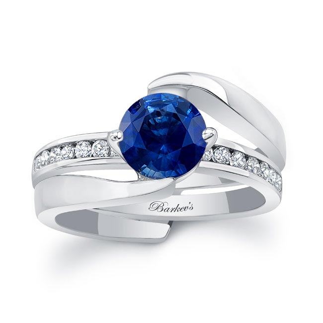 Interlocking Lab Grown Blue Sapphire And Diamond Wedding Ring Set