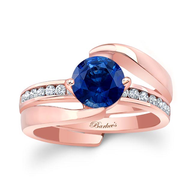 Rose Gold Interlocking Blue Sapphire And Diamond Wedding Ring Set