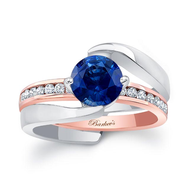 White Rose Gold Interlocking Lab Grown Blue Sapphire And Diamond Wedding Ring Set
