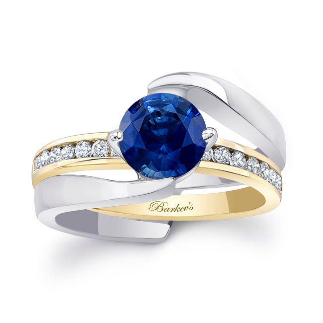 White Yellow Gold Interlocking Blue Sapphire And Diamond Wedding Ring Set