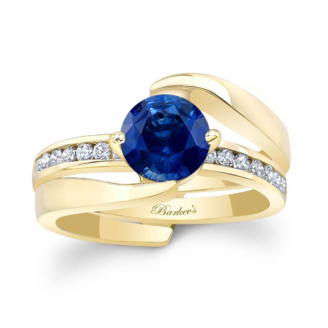Yellow Gold Interlocking Lab Grown Blue Sapphire And Diamond Wedding Ring Set
