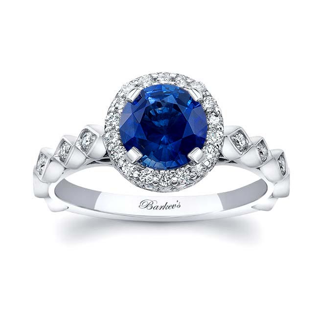 White Gold Vintage Halo Lab Grown Blue Sapphire And Diamond Ring