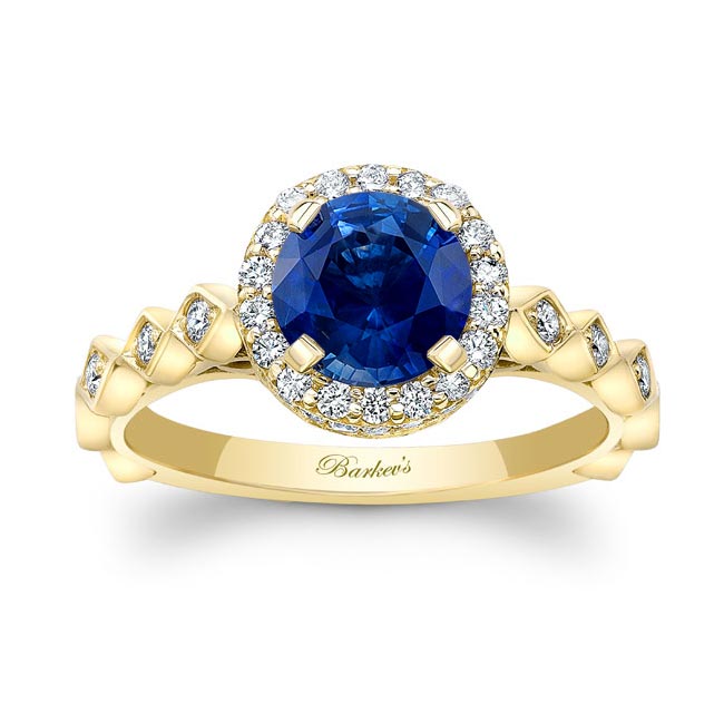 Yellow Gold Vintage Halo Lab Grown Blue Sapphire And Diamond Ring