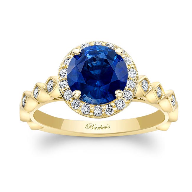 Yellow Gold Vintage Halo Lab Grown Blue Sapphire And Diamond Engagement Ring