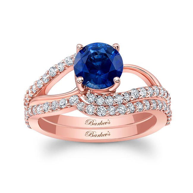Rose Gold Split Shank Lab Grown Blue Sapphire And Diamond Bridal Set