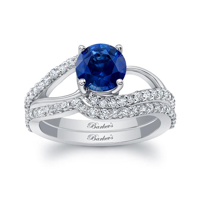 White Gold Split Shank Lab Grown Blue Sapphire And Diamond Bridal Set
