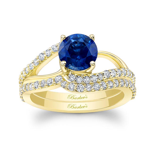 Yellow Gold Split Shank Lab Grown Blue Sapphire And Diamond Bridal Set