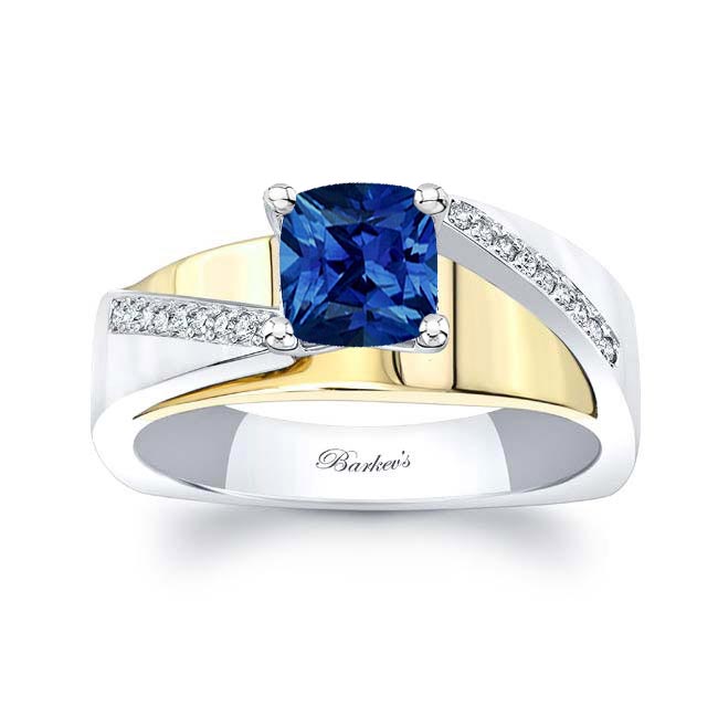 White Yellow Gold Cushion Cut Sapphire Pave Engagement Ring