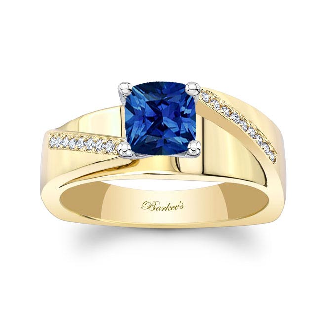 Yellow Gold Cushion Cut Sapphire Pave Engagement Ring