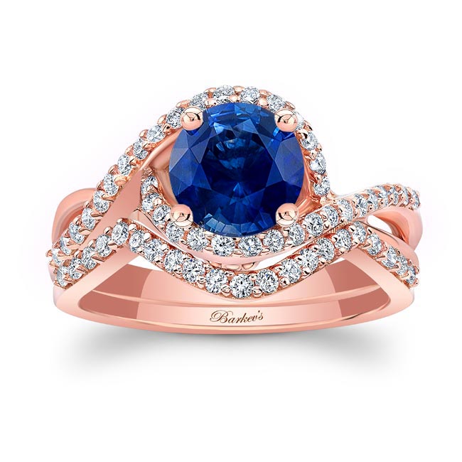 Rose Gold Twisted Halo Blue Sapphire And Diamond Wedding Set