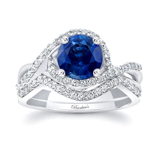 White Gold Twisted Halo Blue Sapphire And Diamond Wedding Set