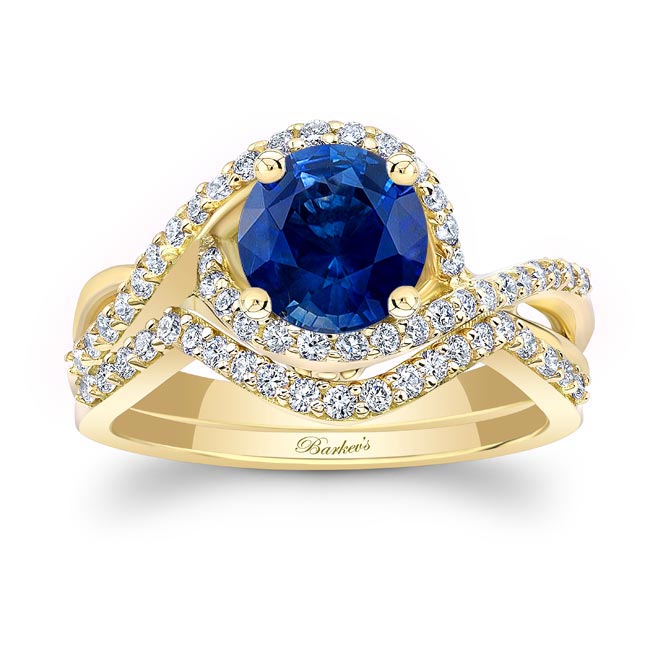 Yellow Gold Twisted Halo Lab Grown Blue Sapphire And Diamond Wedding Set