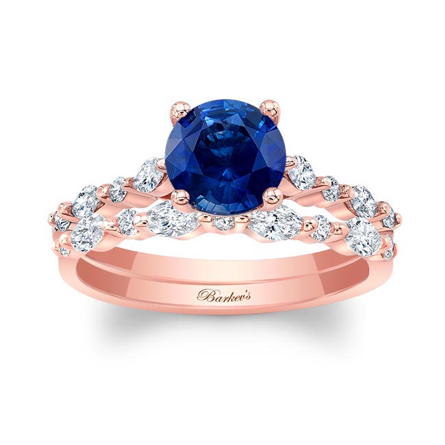 Rose Gold Vintage Style Lab Blue Sapphire And Diamond Wedding Ring Set
