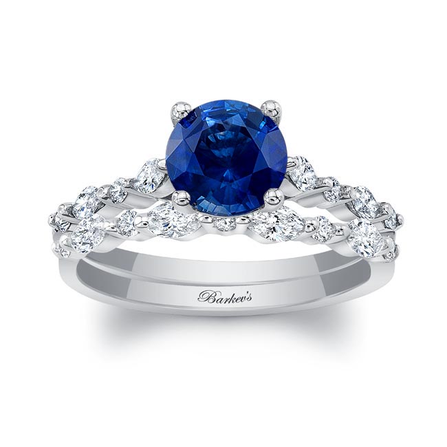 White Gold Vintage Style Blue Sapphire And Diamond Wedding Ring Set
