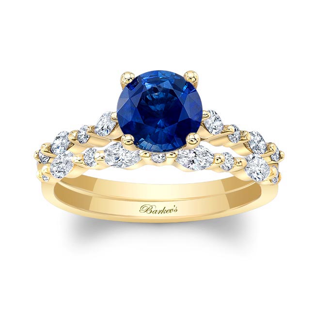 Yellow Gold Vintage Style Lab Blue Sapphire And Diamond Wedding Ring Set
