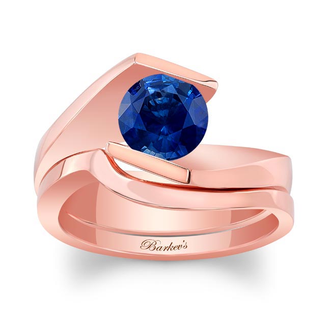 Rose Gold Tension Solitaire Lab Grown Blue Sapphire Bridal Set
