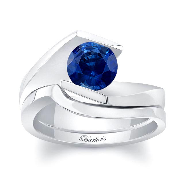 Tension Solitaire Lab Grown Blue Sapphire Bridal Set