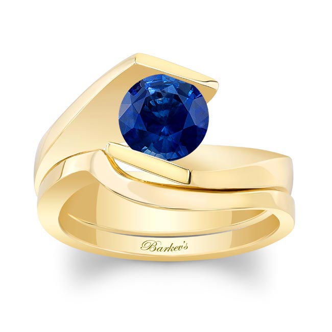 Yellow Gold Tension Solitaire Lab Grown Blue Sapphire Bridal Set