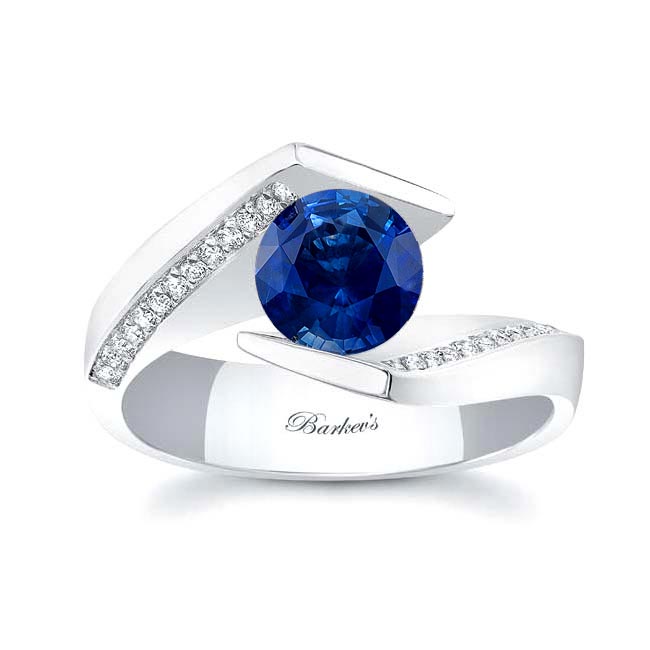 Platinum Tension Setting Lab Grown Blue Sapphire And Diamond Ring