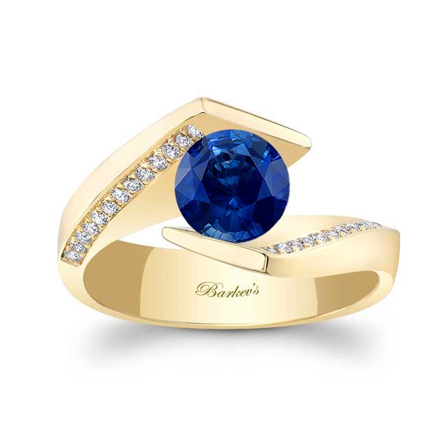Yellow Gold Tension Setting Lab Grown Blue Sapphire And Diamond Ring