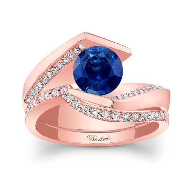 Rose Gold Tension Setting Lab Grown Blue Sapphire And Diamond Bridal Set