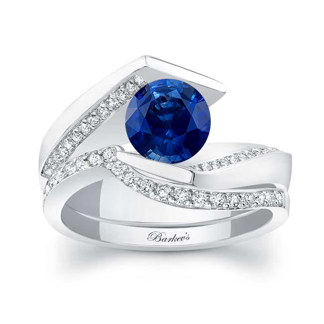 White Gold Tension Setting Blue Sapphire And Diamond Bridal Set