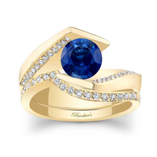 Yellow Gold Tension Setting Lab Grown Blue Sapphire And Diamond Bridal Set