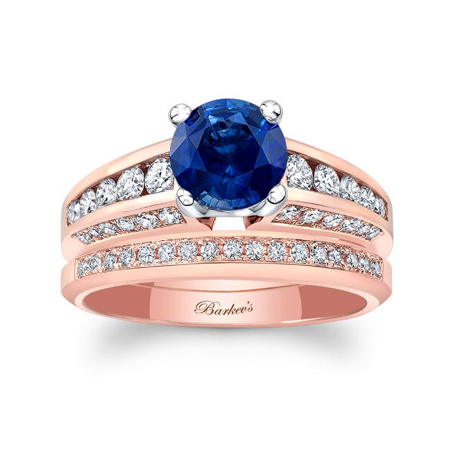Rose Gold Blue Sapphire And Diamond Channel Set Wedding Ring Set