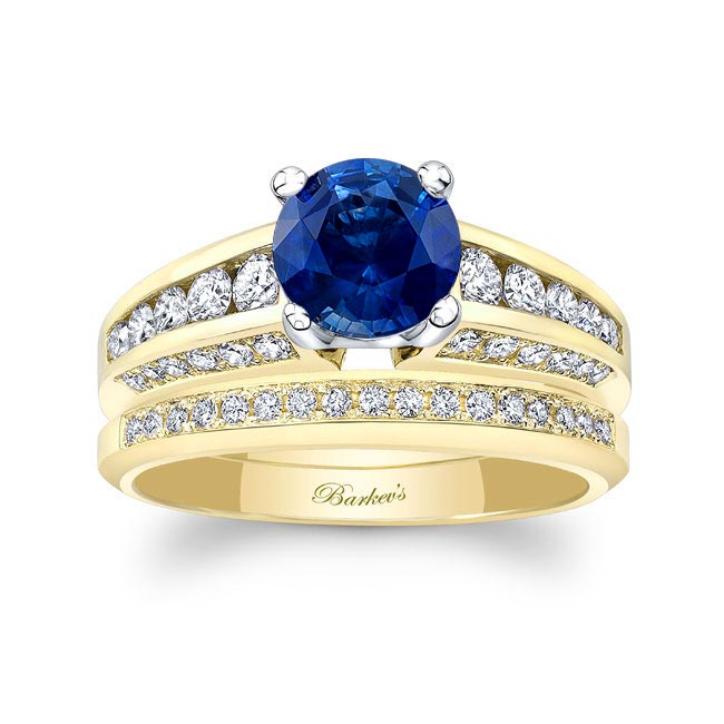 Yellow Gold Blue Sapphire And Diamond Channel Set Wedding Ring Set