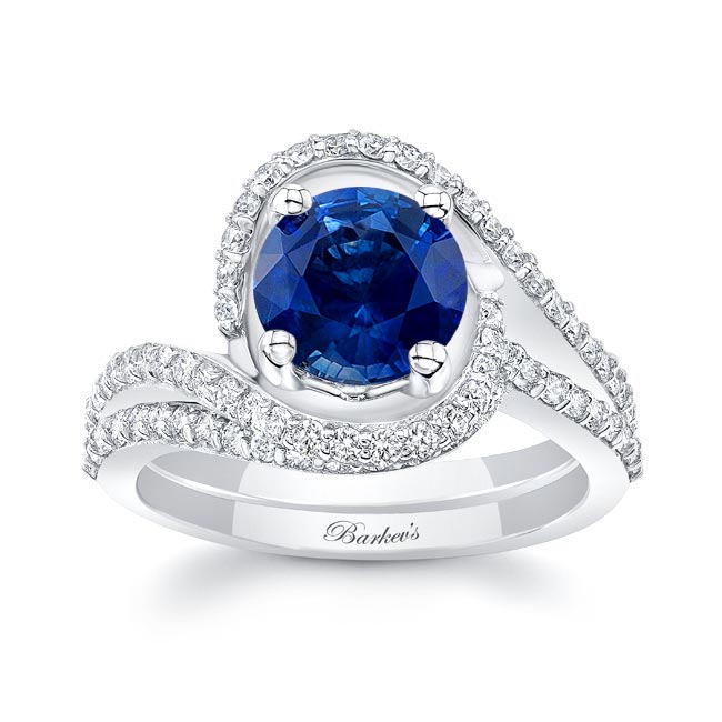 White Gold Floating Halo Blue Sapphire And Diamond Bridal Set