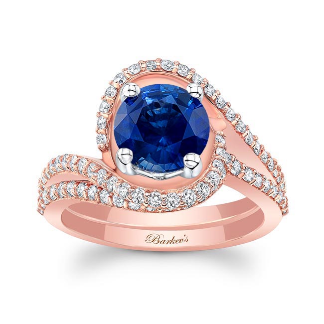 Rose Gold Floating Halo Blue Sapphire And Diamond Bridal Set