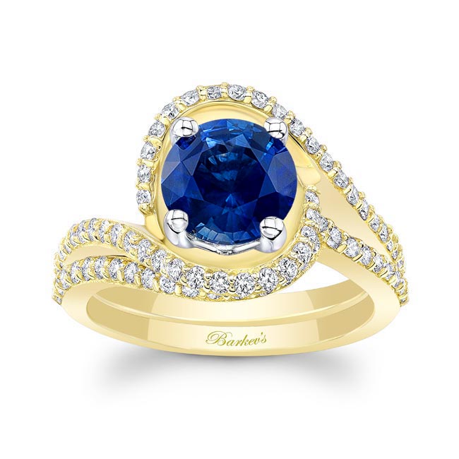 Yellow Gold Floating Halo Blue Sapphire And Diamond Bridal Set