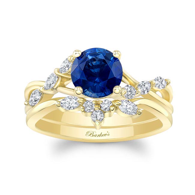 Yellow Gold Lab Blue Sapphire And Diamond Marquise Accent Wedding Set