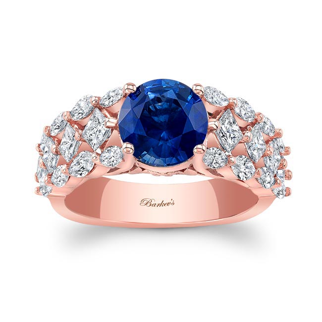 Rose Gold Three Row Blue Sapphire And Diamond Ring