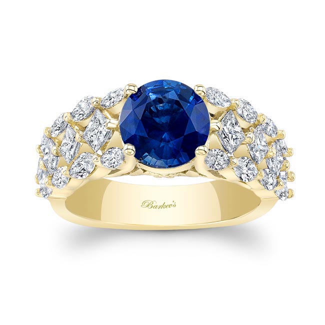 Yellow Gold Three Row Blue Sapphire And Diamond Ring