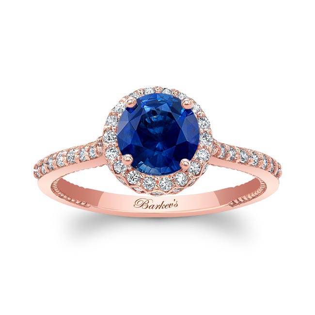 Rose Gold Round Halo Blue Sapphire And Diamond Ring