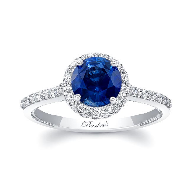 White Gold Round Halo Lab Blue Sapphire And Diamond Ring