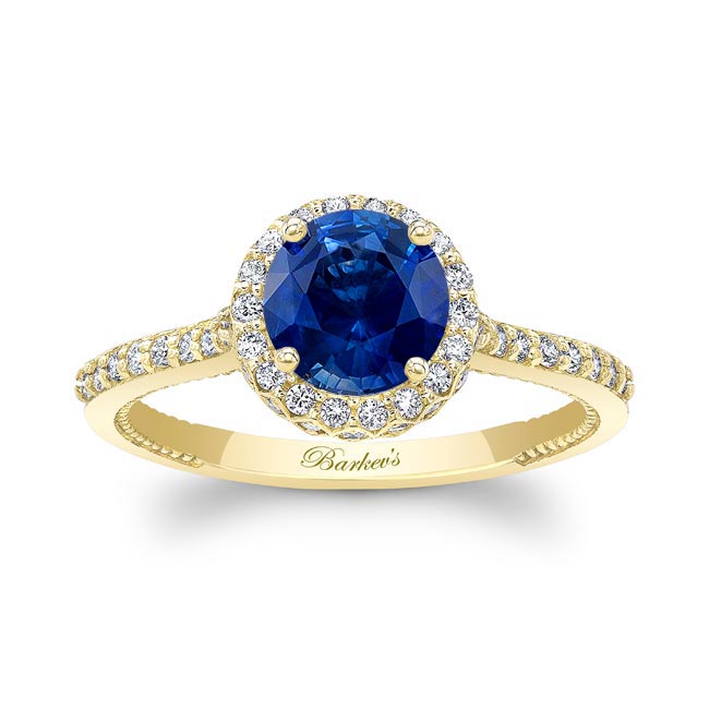 Yellow Gold Round Halo Lab Blue Sapphire And Diamond Ring