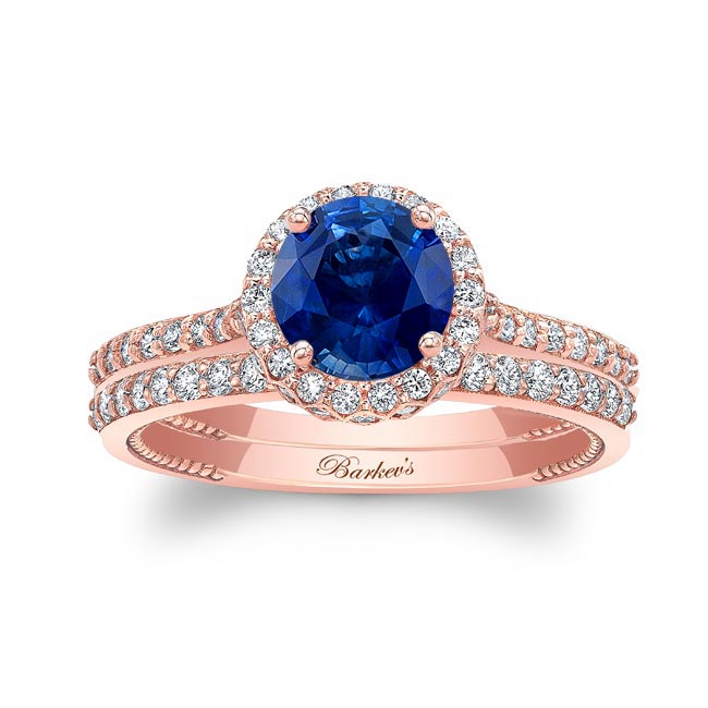 Rose Gold Round Halo Blue Sapphire And Diamond Wedding Set