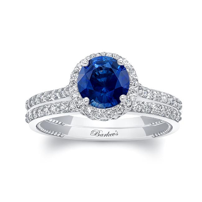 White Gold Round Halo Blue Sapphire And Diamond Wedding Set
