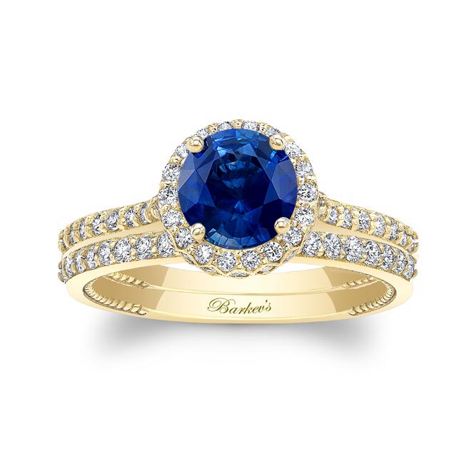 Yellow Gold Round Halo Blue Sapphire And Diamond Wedding Set