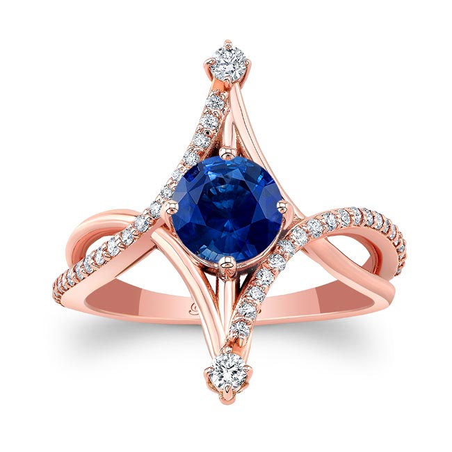 Rose Gold Unusual Round Lab Grown Blue Sapphire And Diamond Ring