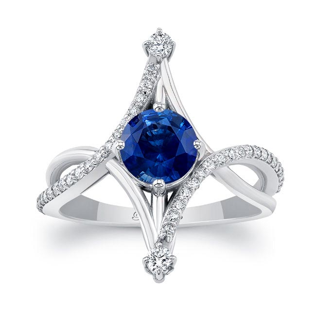 White Gold Unusual Round Lab Grown Blue Sapphire And Diamond Ring
