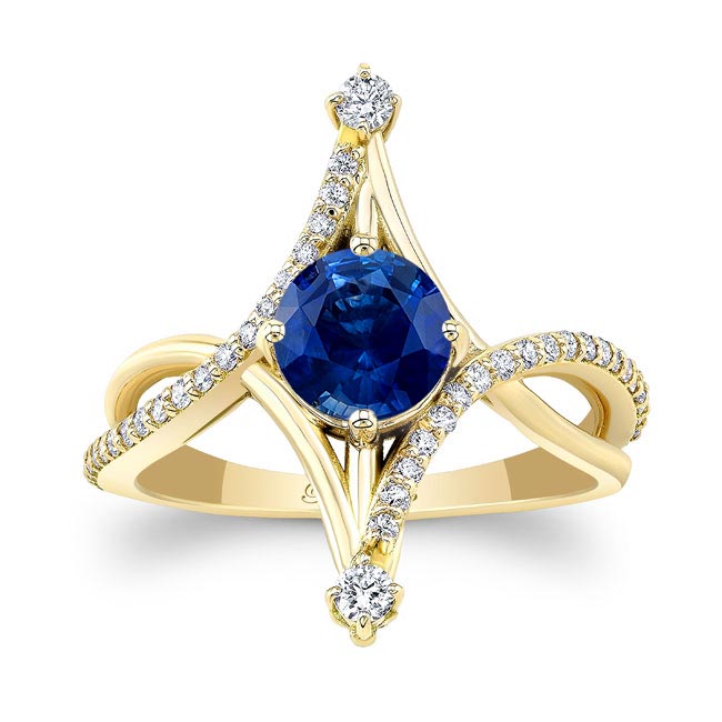 Yellow Gold Unusual Round Blue Sapphire And Diamond Ring